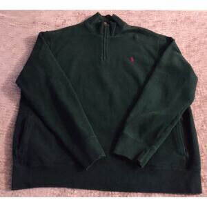 Polo Ralph Lauren Mens XXL Green 1/4 Zip Leather Pull Sweater Red Horse Pockets